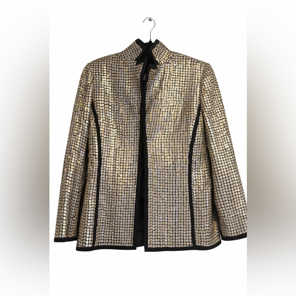AKRIS Silk Metallic Sequin Jacket Black Gold Size 4 Luxury Designer Blazer